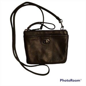 MARGOT BAG CROSSBODY BLACK LEATHER TEXTURED LONG STRAP ZIP TOP PEWTER HARDWARE